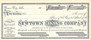 Newtown Mining Co. - Cerro Gordo Mines - Unissued Mining Stock Certificate